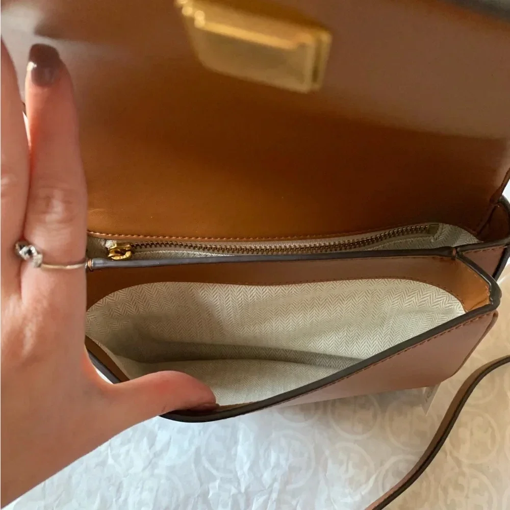 Tory Burch Emerson Woven Crossbody Bag Multicolor Orange White Tan Brown Gold - Picture 11 of 15
